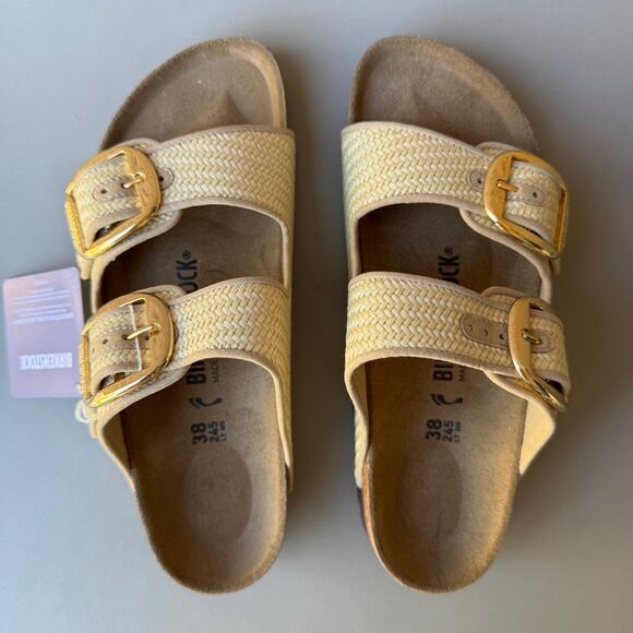 Birkenstock Arizona Big Buckle Raffia Sandal Women’s 38EU or 7US Natural Texture - Picture 5 of 12